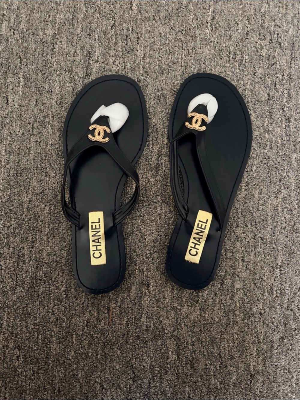 CHANEL Black Leather Thong Sandals with Gold accent brand new never worn